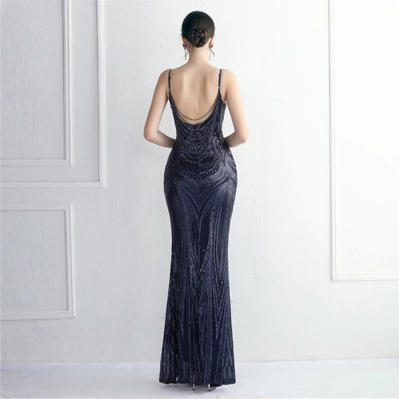 Navy, Geo Print, Sleeveless, Beaded Draped Back, Contrast Sequined Merm… - Picture 10 of 13